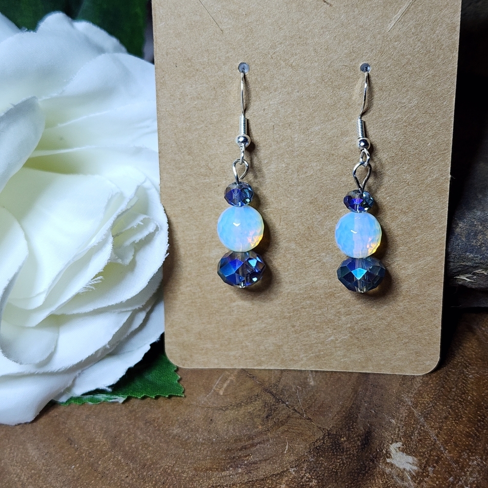 Hand Crafted Dangle Earrings With Faceted AB Blue Glass Crystal Beads